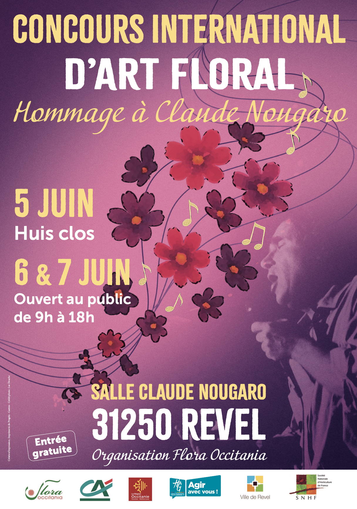 Concours international d'art floral de Revel les 5 et 6 juin 2026, Salle Claude Nougaro. Organisé par Flora Occitania. Le thème cette année : hommage à Claude Nougaro.